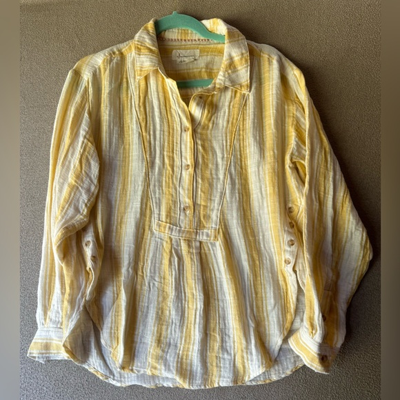 ANTHROPOLOGIE By Anthropologie Side-Button Yellow White Tunic Top Women Size M - Picture 2 of 8